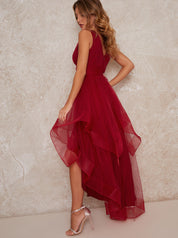 Plunge Neck Tiered Tulle Dip Hem Party Dress in Red