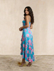 Cami Floral Wrap Midi Dip Hem Dress in Green