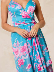 Cami Floral Wrap Midi Dip Hem Dress in Green