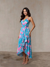 Cami Floral Wrap Midi Dip Hem Dress in Green