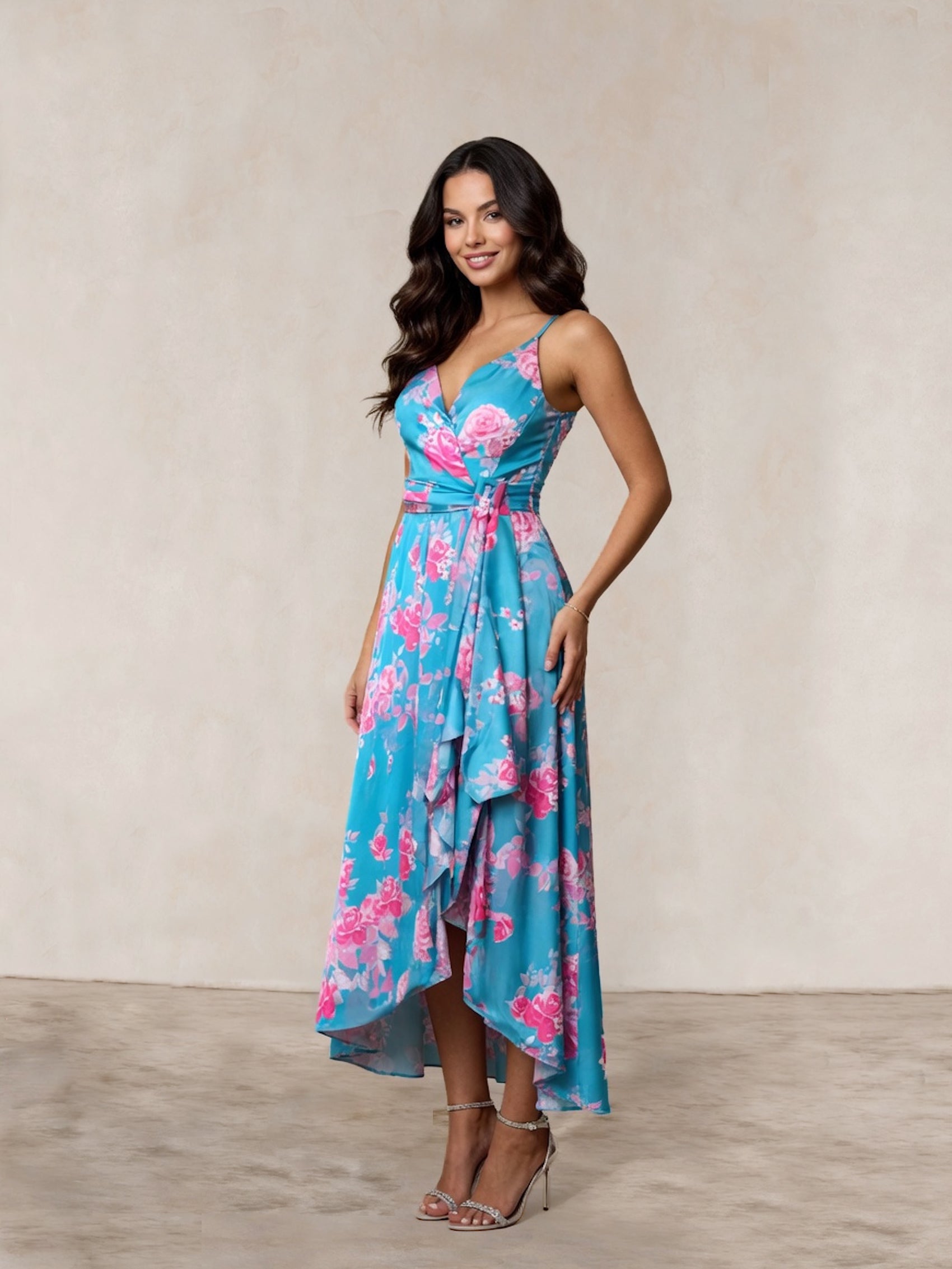 Cami Floral Wrap Midi Dip Hem Dress in Green