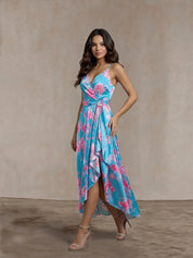 Cami Floral Wrap Midi Dip Hem Dress in Green