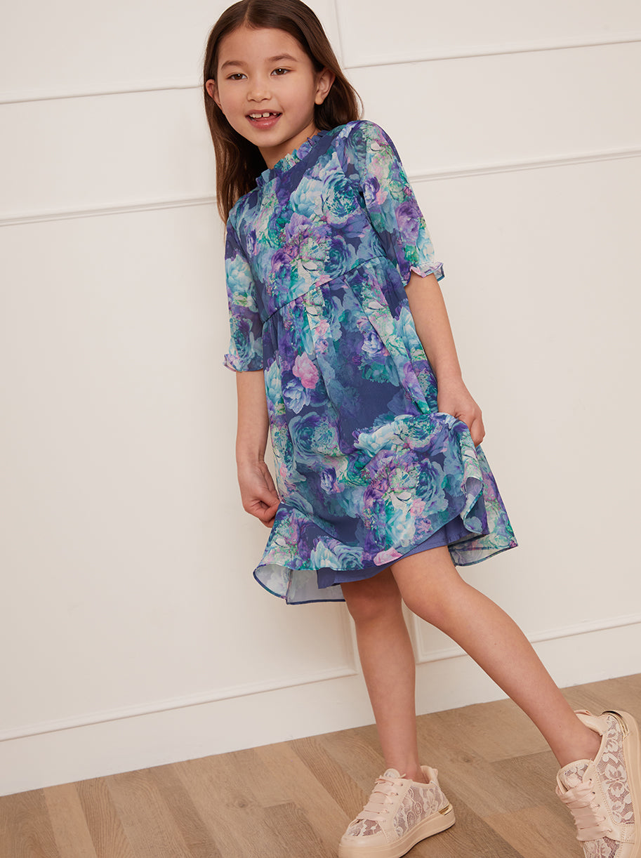 Girls Watercolour Floral Printed Dress in Navy