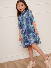 Girls Watercolour Floral Printed Dress in Navy