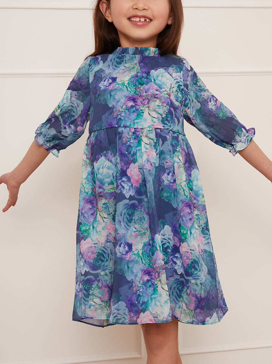 Girls Watercolour Floral Printed Dress in Navy