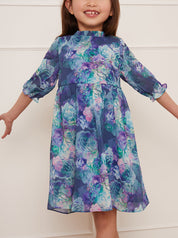 Girls Watercolour Floral Printed Dress in Navy
