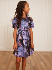 Younger Girls Short Sleeve Floral Midi Dress in Purple