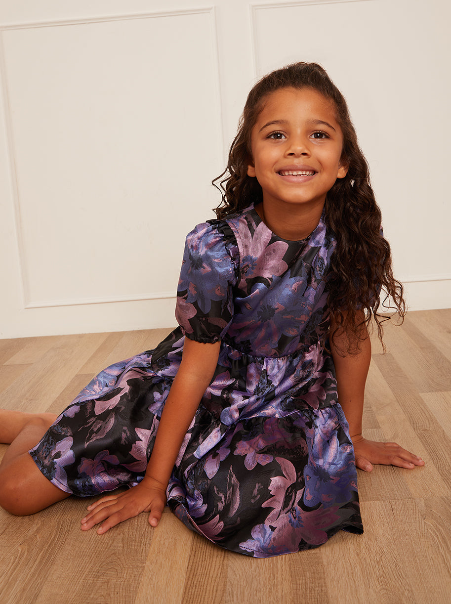 Younger Girls Short Sleeve Floral Midi Dress in Purple