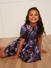 Younger Girls Short Sleeve Floral Midi Dress in Purple
