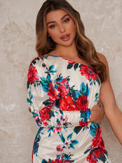 One Sleeve Ruched Midi Dress in White