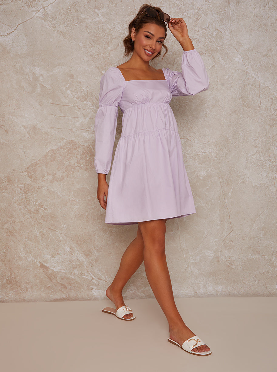 Puff Sleeve Mini Day Dress in Lilac