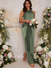Pleated Satin Halter Neck Maxi Dress in Green