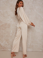 Balloon Sleeve Satin Jumpsuit in Champagne