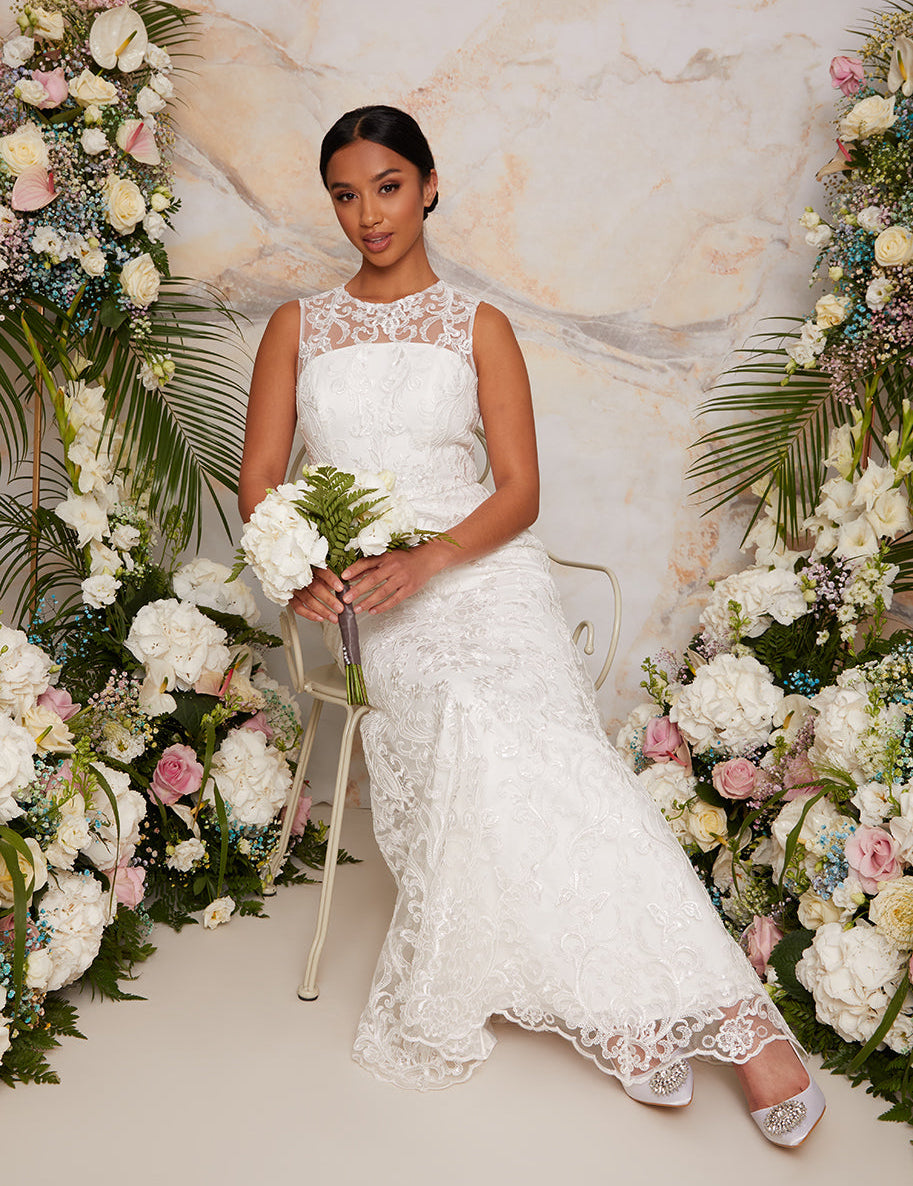 Petite Sleeveless Premium Lace Bridal Wedding Dress in White