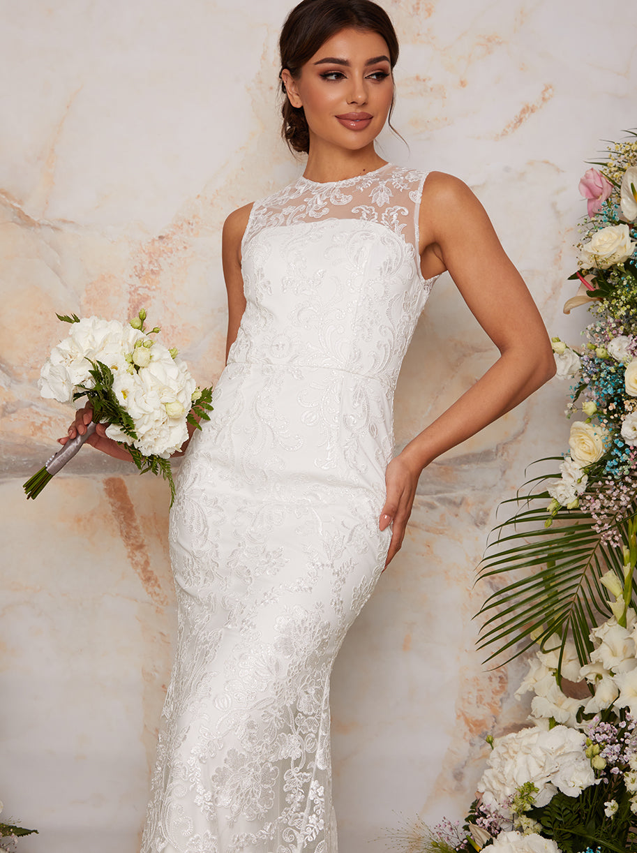 Sleeveless Premium Lace Wedding Dress in White