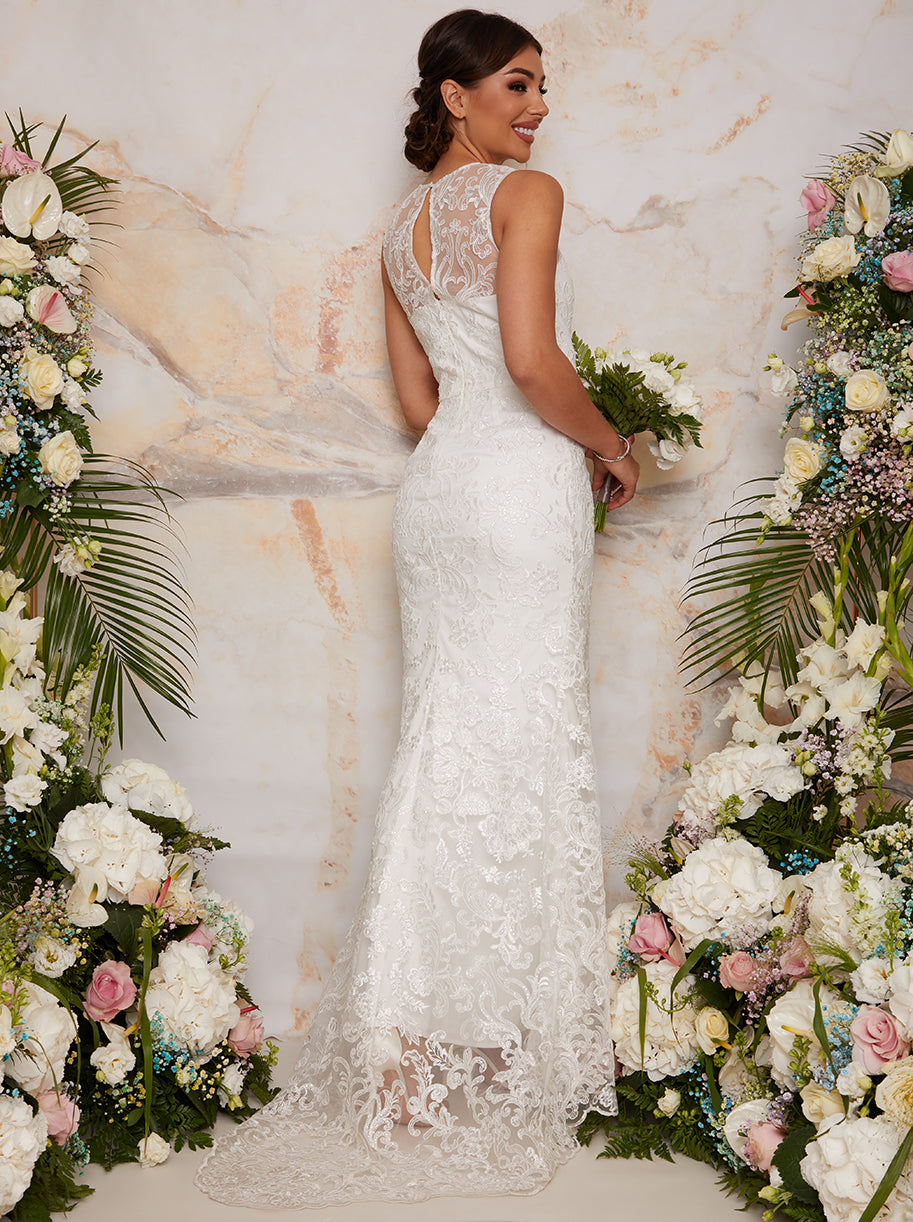 Sleeveless Premium Lace Wedding Dress in White