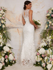 Sleeveless Premium Lace Wedding Dress in White