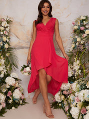 Sleeveless V Neck Lace Dip Hem Dress in Fuschia