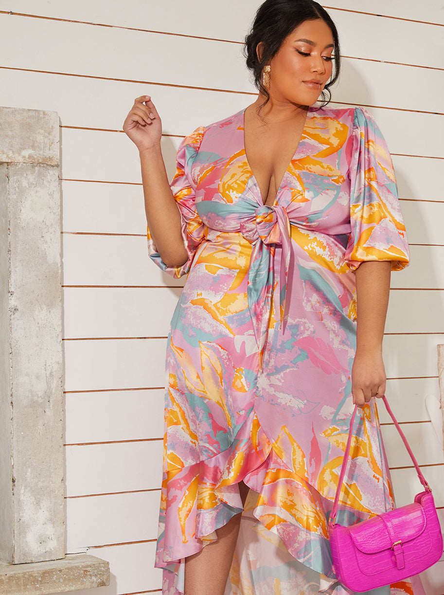 Plus Size Tie Front Printed Dip Hem Dress in Pink