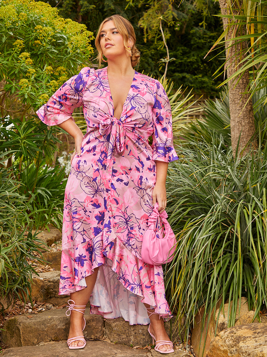 Plus Size Tie Front Abstract Floral Print Dip Hem Dress in Pink