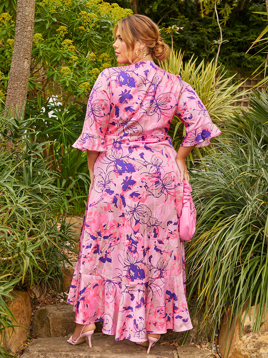 Plus Size Tie Front Abstract Floral Print Dip Hem Dress in Pink