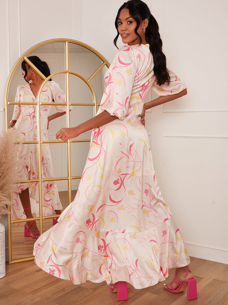 Graphic Print Plunge Front Tie Up Satin Maxi Dress in Cream