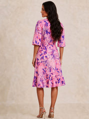 Tie Front Abstract Floral Print Dip Hem Dress in Pink