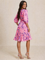 Tie Front Abstract Floral Print Dip Hem Dress in Pink