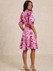 Tie Front Abstract Floral Print Dip Hem Dress in Pink
