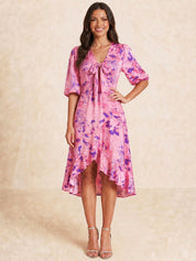 Tie Front Abstract Floral Print Dip Hem Dress in Pink