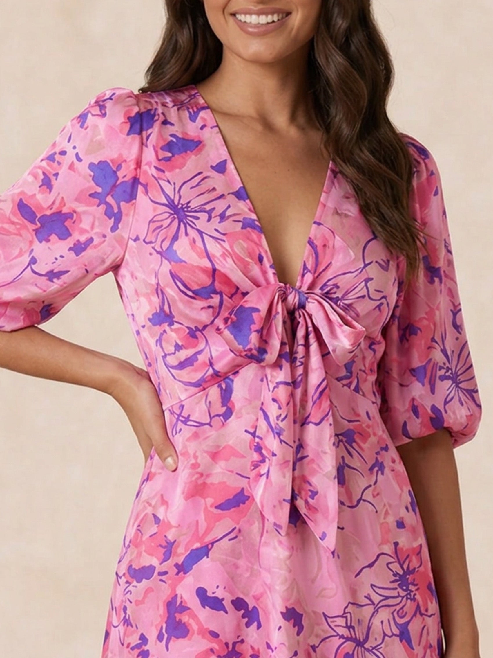 Tie Front Abstract Floral Print Dip Hem Dress in Pink