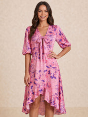 Tie Front Abstract Floral Print Dip Hem Dress in Pink