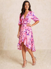 Tie Front Abstract Floral Print Dip Hem Dress in Pink