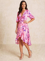 Tie Front Abstract Floral Print Dip Hem Dress in Pink
