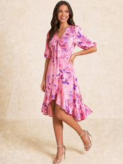 Tie Front Abstract Floral Print Dip Hem Dress in Pink