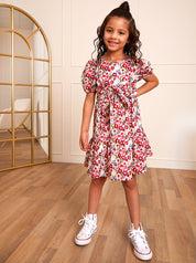 Younger Girls Puff Sleeve Tie Detail Floral Dress in White