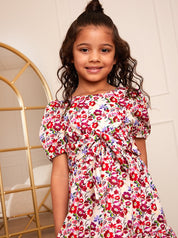 Younger Girls Puff Sleeve Tie Detail Floral Dress in White