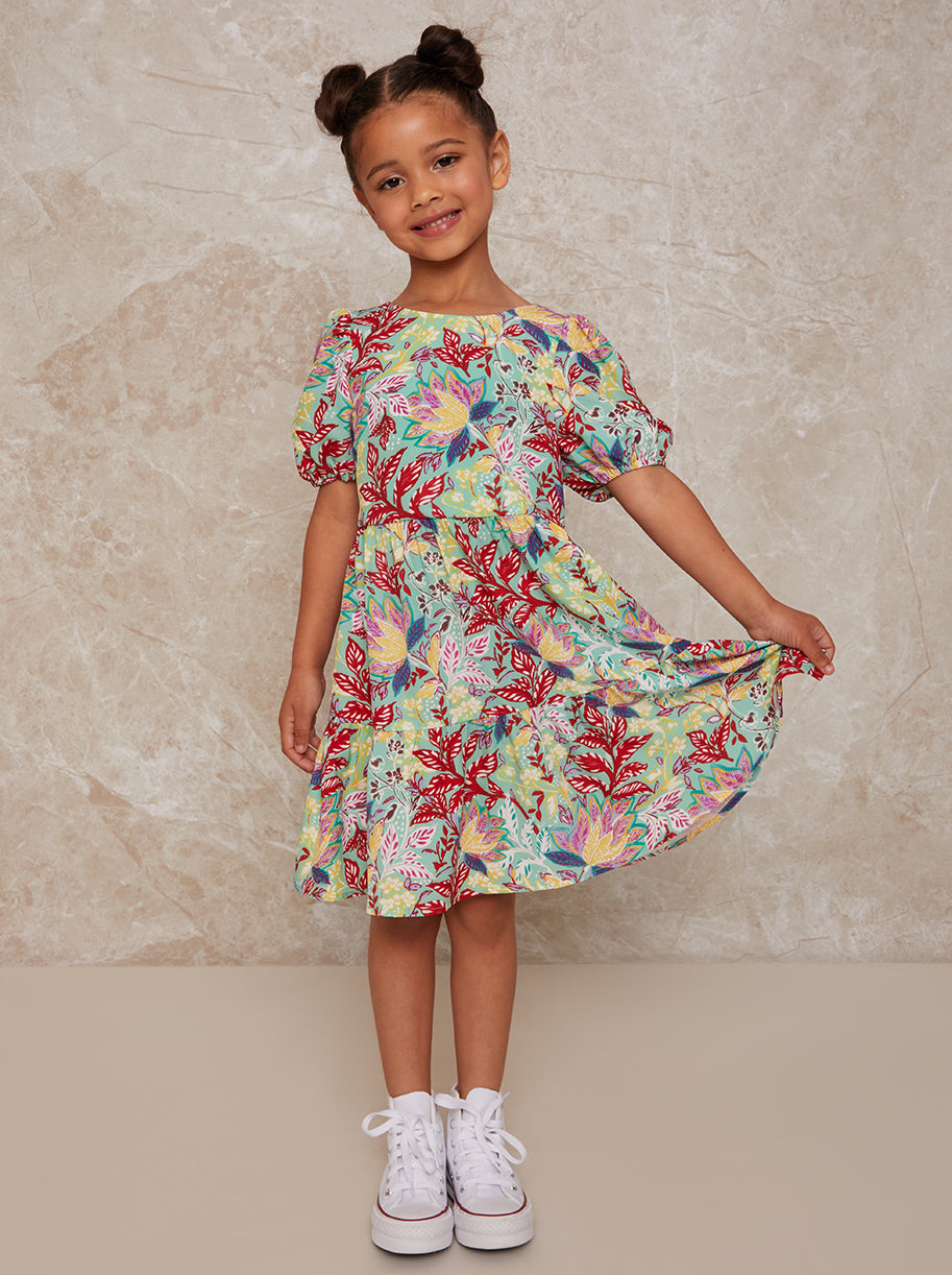 Puff Sleeve Tiered Day Dress Floral Print