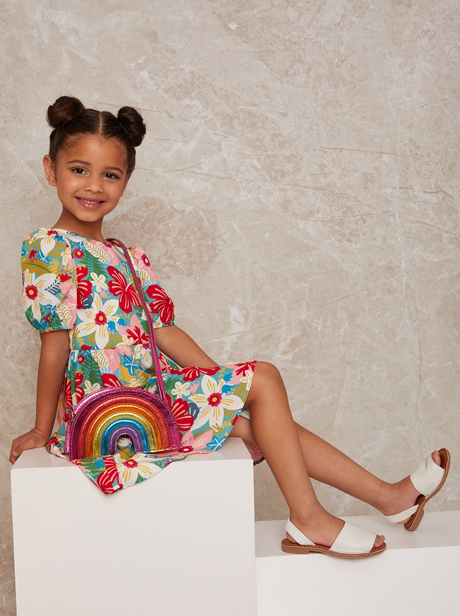 Girls Puff Sleeve Floral Print Tiered Day Dress in Multi
