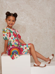 Girls Puff Sleeve Floral Print Tiered Day Dress in Multi