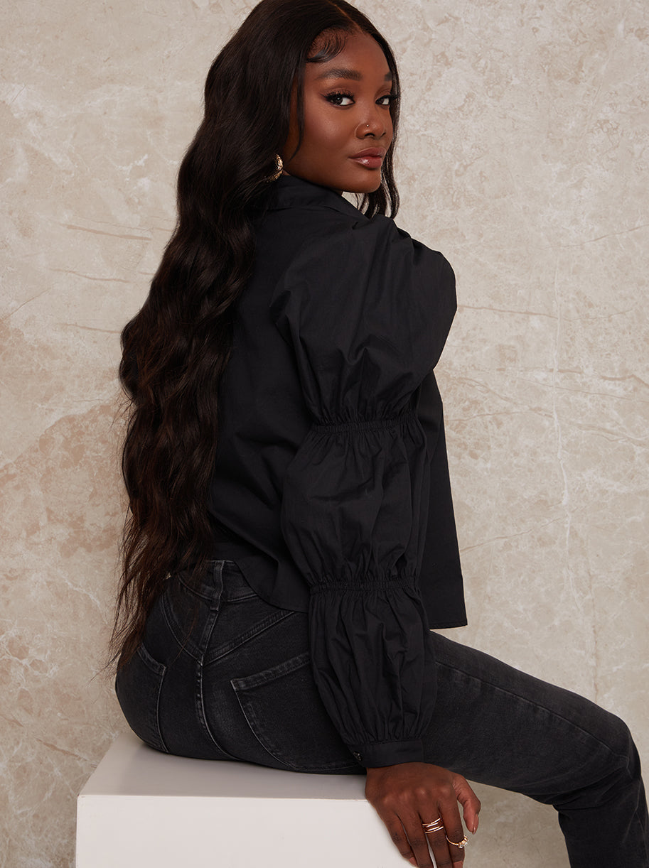 Exaggerated Puff Sleeve Cotton Shirt in Black