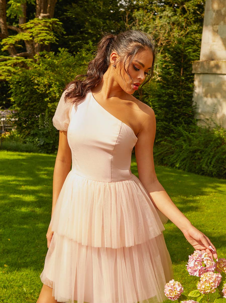 One Shoulder Puff Sleeve Tulle Tiered Mini Dress in Pink | Chi Chi London UK One Shoulder Puff Sleeve Tulle Tiered Mini Dress in Pink | Chi Chi London UK