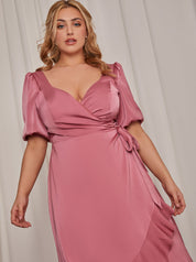 Plus Size Puff Sleeve Ruffle Detail Midi Dress in Pink