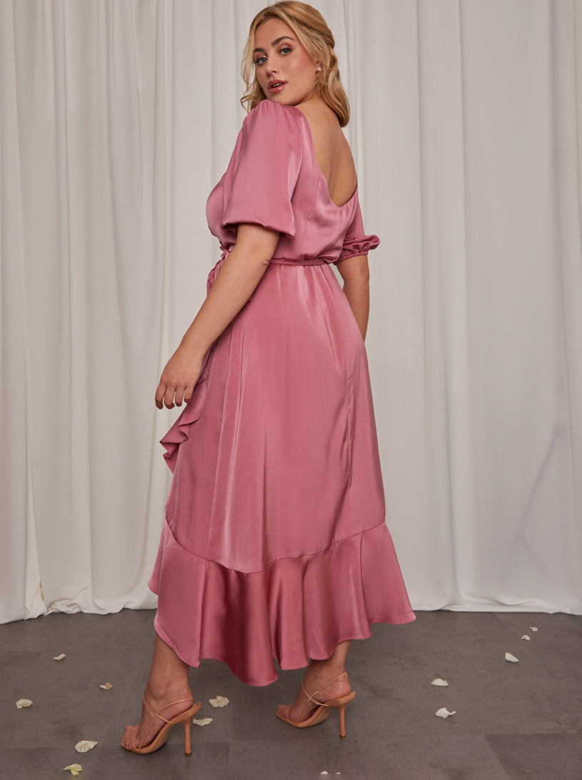 Plus Size Puff Sleeve Ruffle Detail Midi Dress in Pink