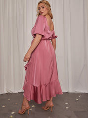 Plus Size Puff Sleeve Ruffle Detail Midi Dress in Pink