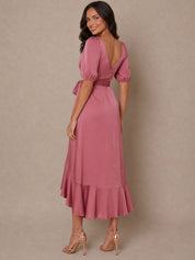 Puff Sleeve Ruffle Detail Midi Dress in Pink