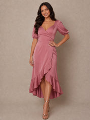 Puff Sleeve Ruffle Detail Midi Dress in Pink