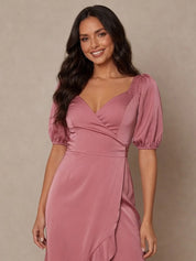 Puff Sleeve Ruffle Detail Midi Dress in Pink