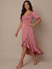 Puff Sleeve Ruffle Detail Midi Dress in Pink