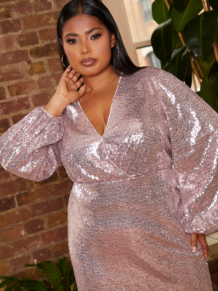 Plus Size Long Sleeve Plunge Sequin Midi Dress in Pink Plus Size Long Sleeve Plunge Sequin Midi Dress in Pink